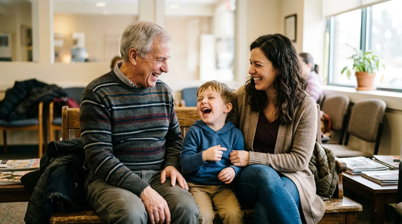 Multi-generational family smiling together at Downriver Smiles dental office in Spokane